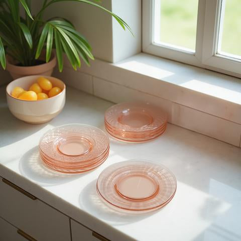 Set of 8 Pink Depression Glass Plates