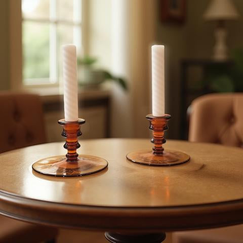 Cambridge Amber Floral Etched Candle Holders