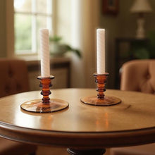 Load image into Gallery viewer, Cambridge Amber Floral Etched Candle Holders