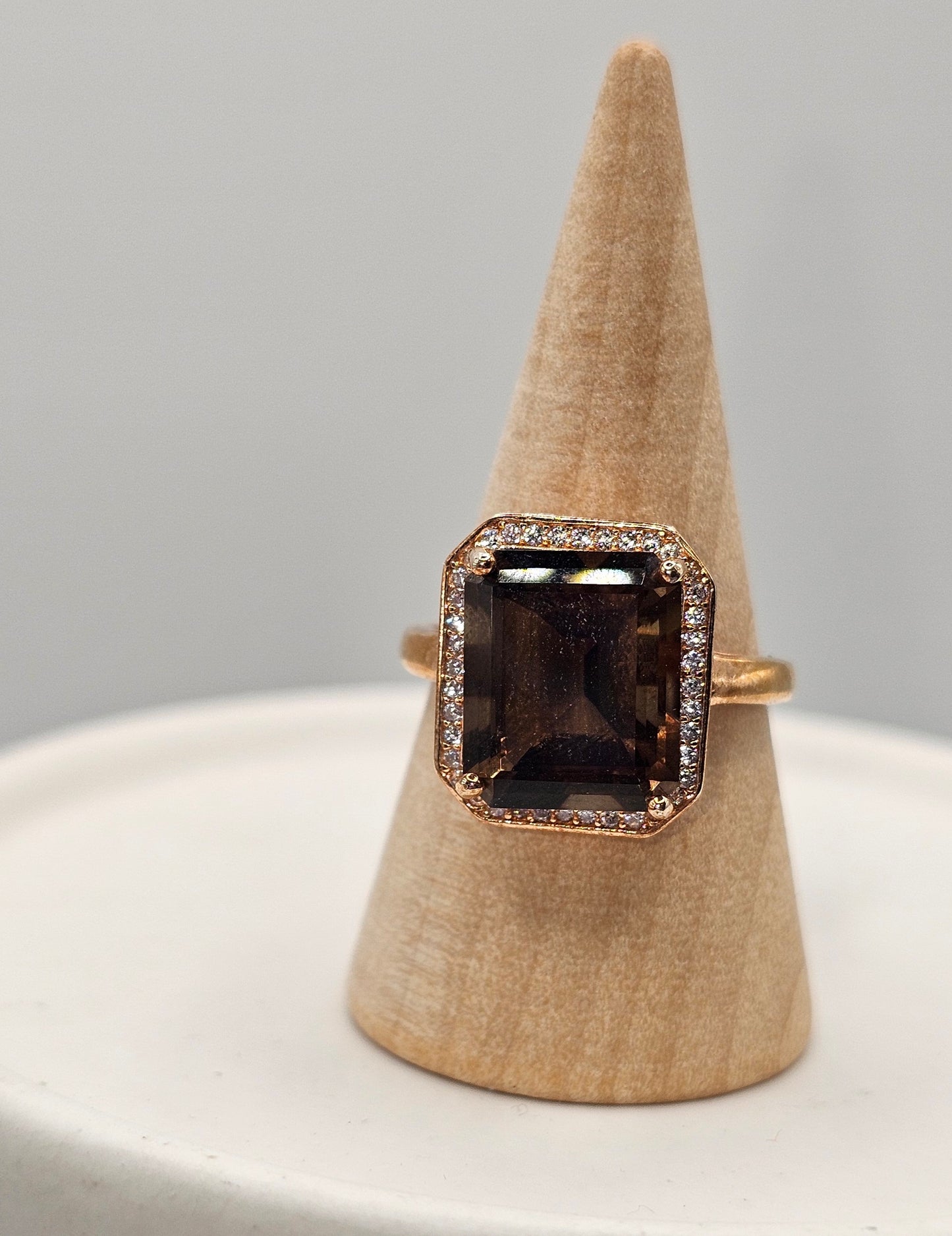 Smoky Quartz Emerald Cut Rose Gold Statement Ring