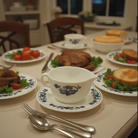 Pyrex Old Town Blue Gravy Boat and Dish Set