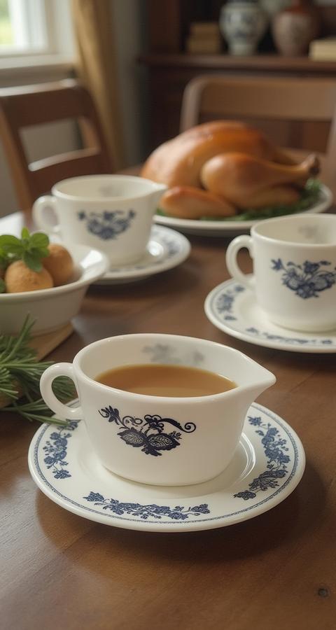 Pyrex Old Town Blue Gravy Boat and Dish Set