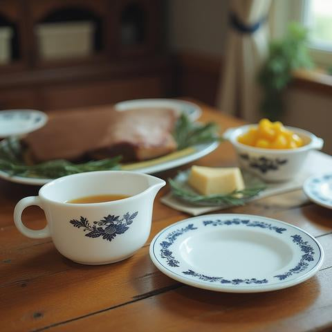 Pyrex Old Town Blue Gravy Boat and Dish Set