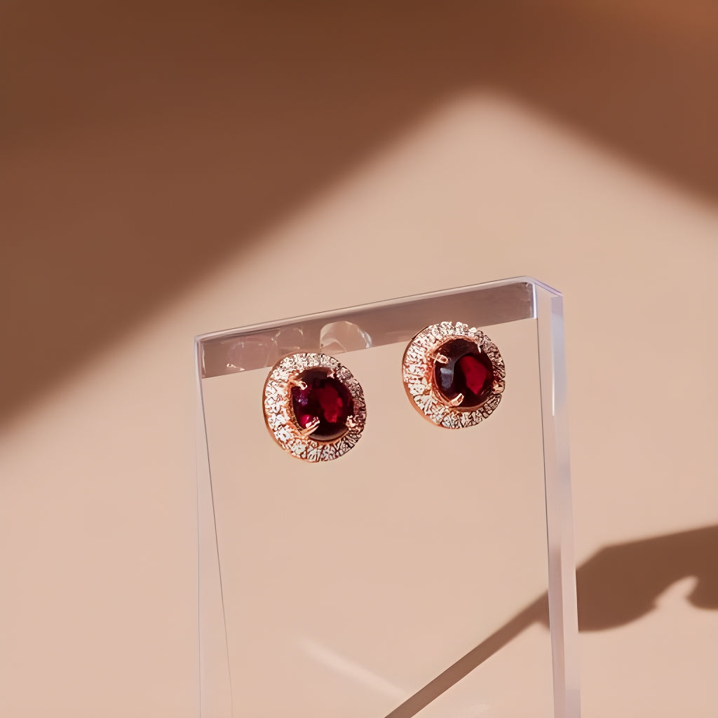 Garnet Halo Rose Gold Earrings