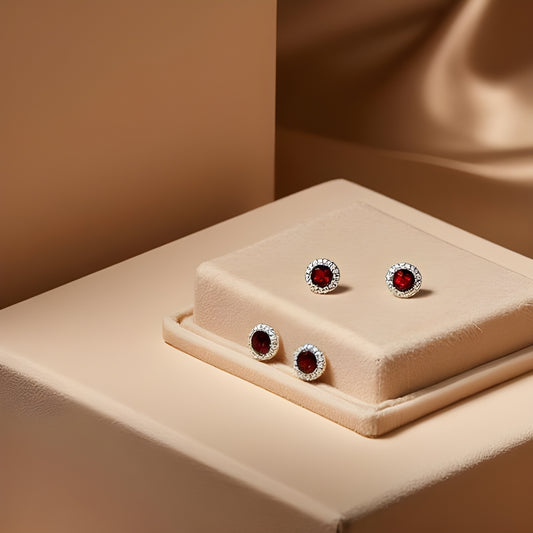 Garnet Sterling Silver Halo Earrings