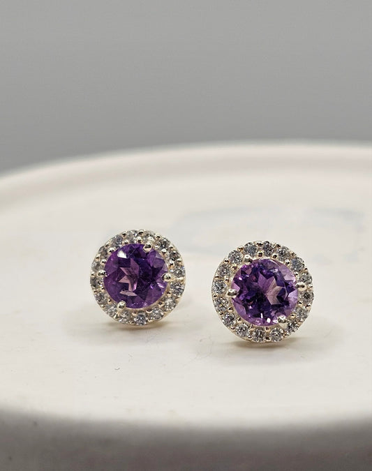 Amethyst Halo Sterling Silver Stud Earrings