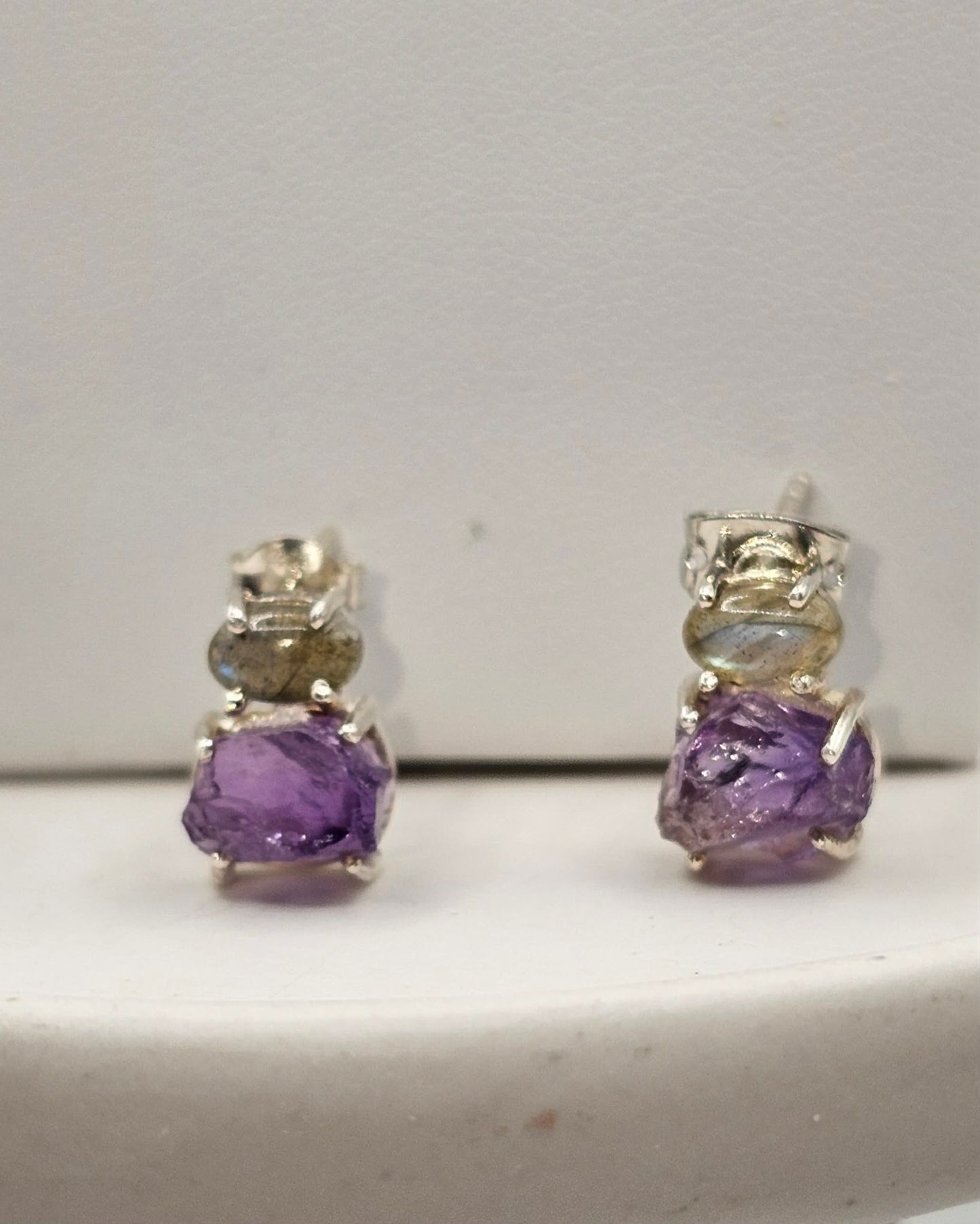 Amethyst and Labradorite Rough Cut Sterling Silver Stud Earrings