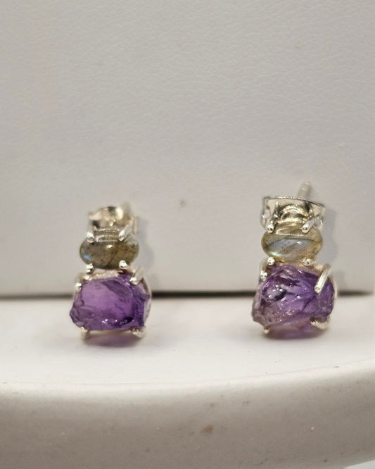 Amethyst and Labradorite Rough Cut Sterling Silver Stud Earrings