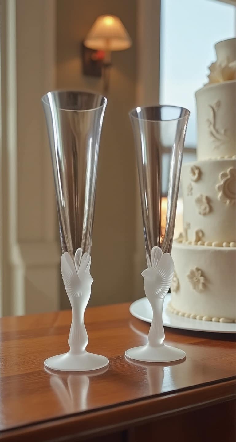 Sasaki Wings Frosted Dove Champagne flute pair
