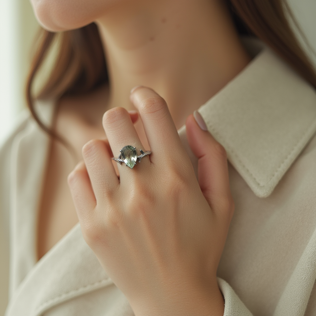 Green Amethyst Ring in Sterling Silver