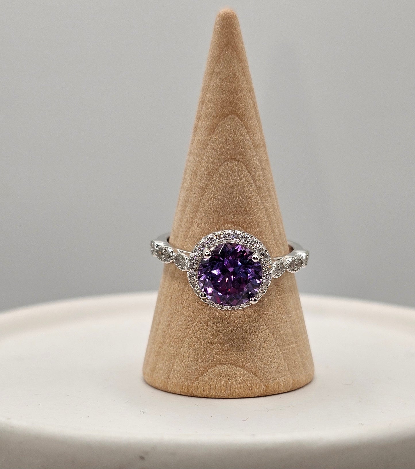 Amethyst Halo Sterling Silver Ring (Sized)