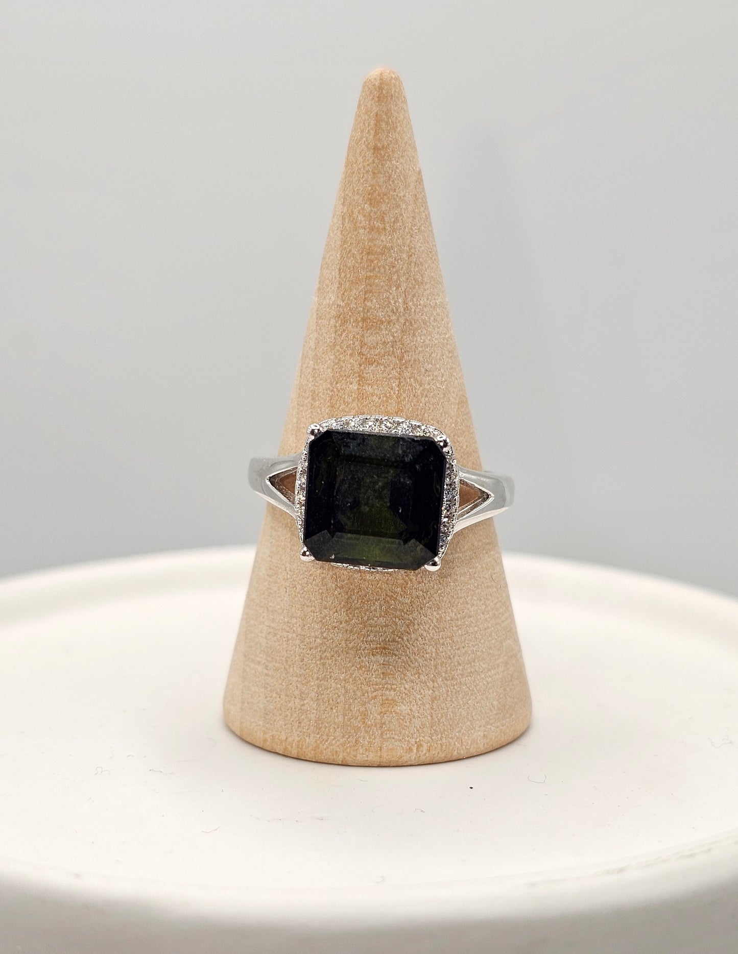 Green Tourmaline Square Cut Sterling Silver RIng