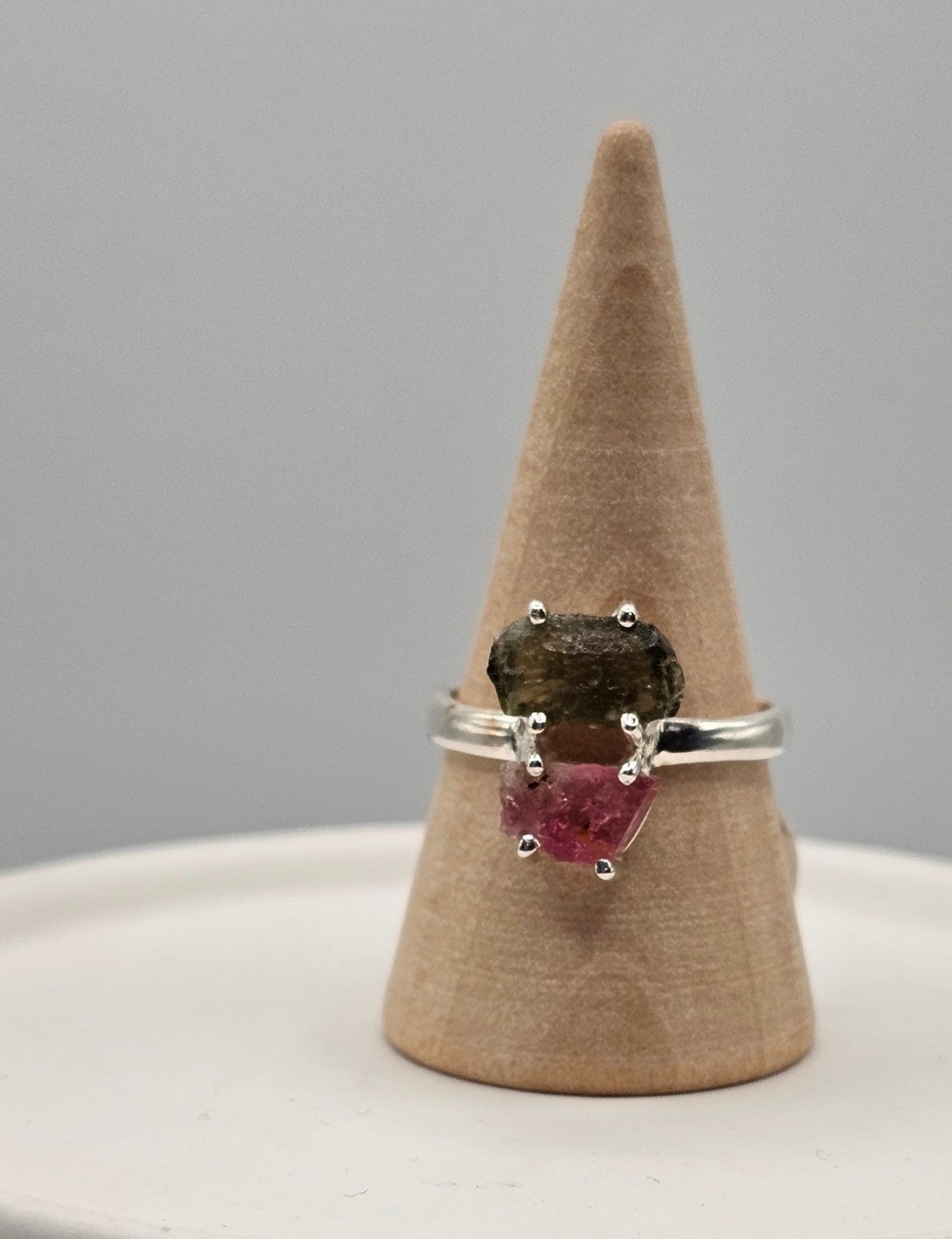 Moldavite Duo Sterling Silver Ring (Sized)