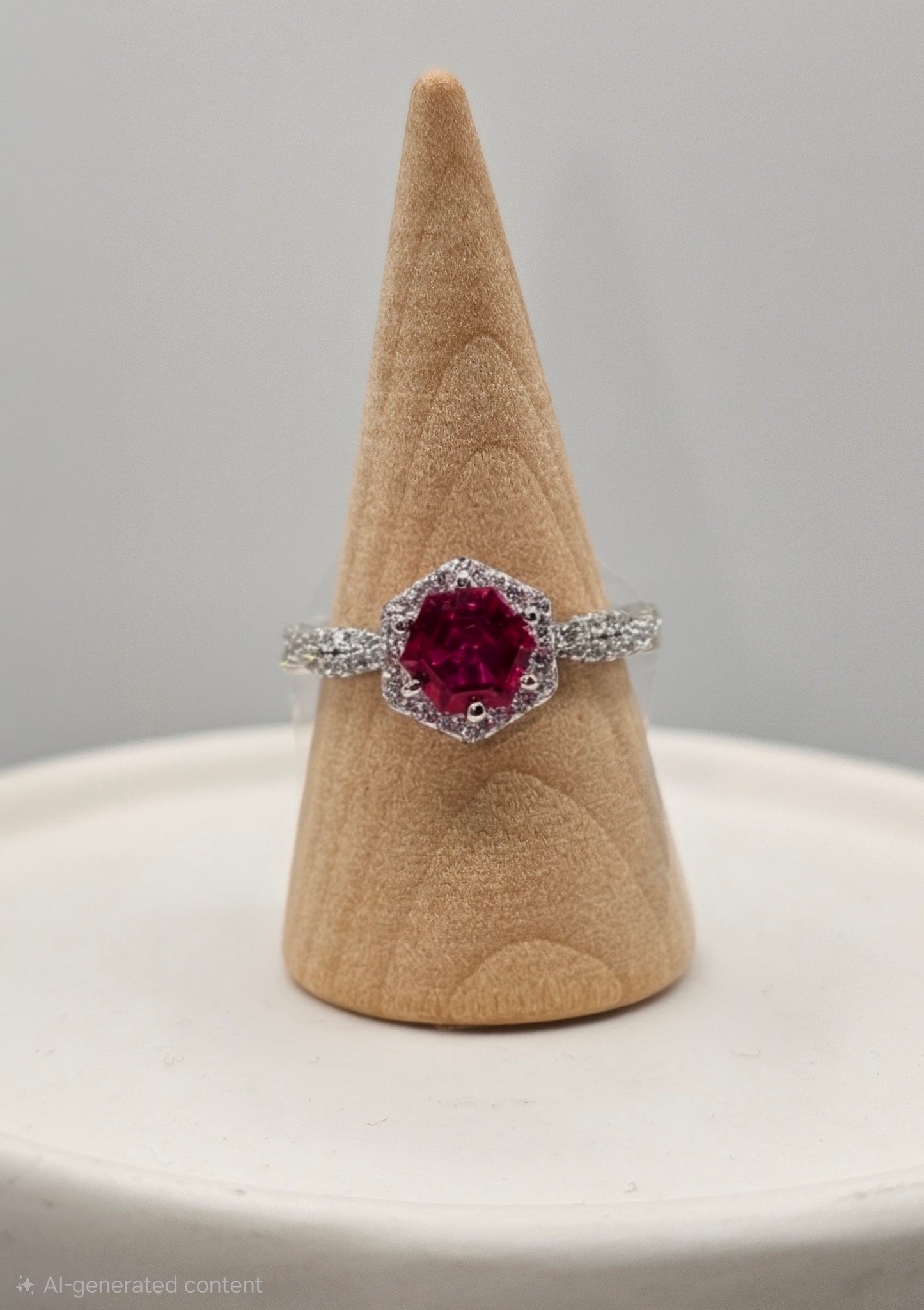 Ruby Hexagon Halo Sterling Silver Ring- sz 9