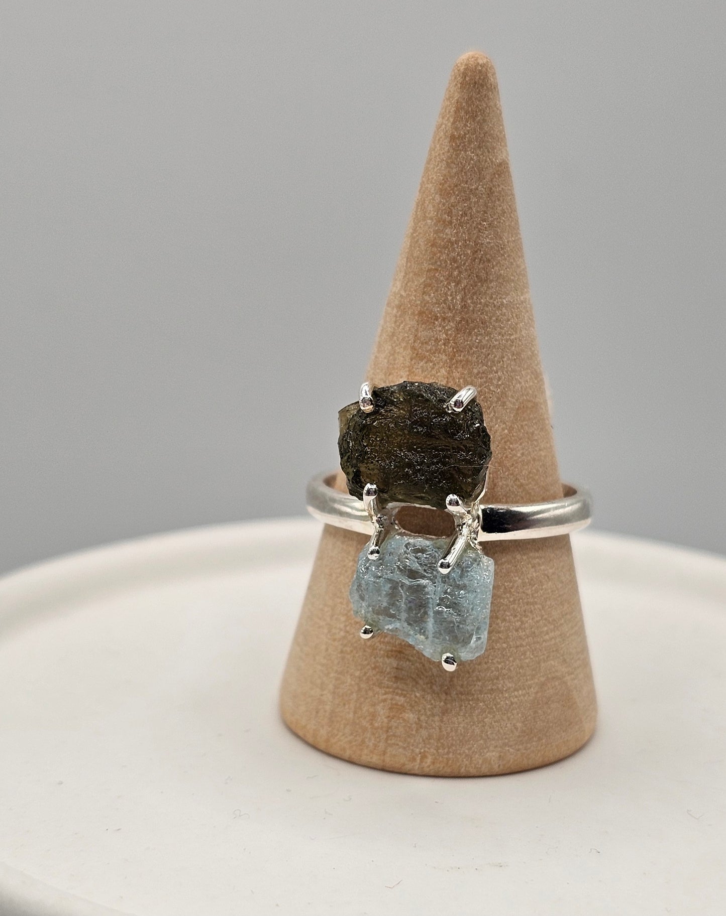 Moldavite Duo Sterling Silver Ring (Sized)