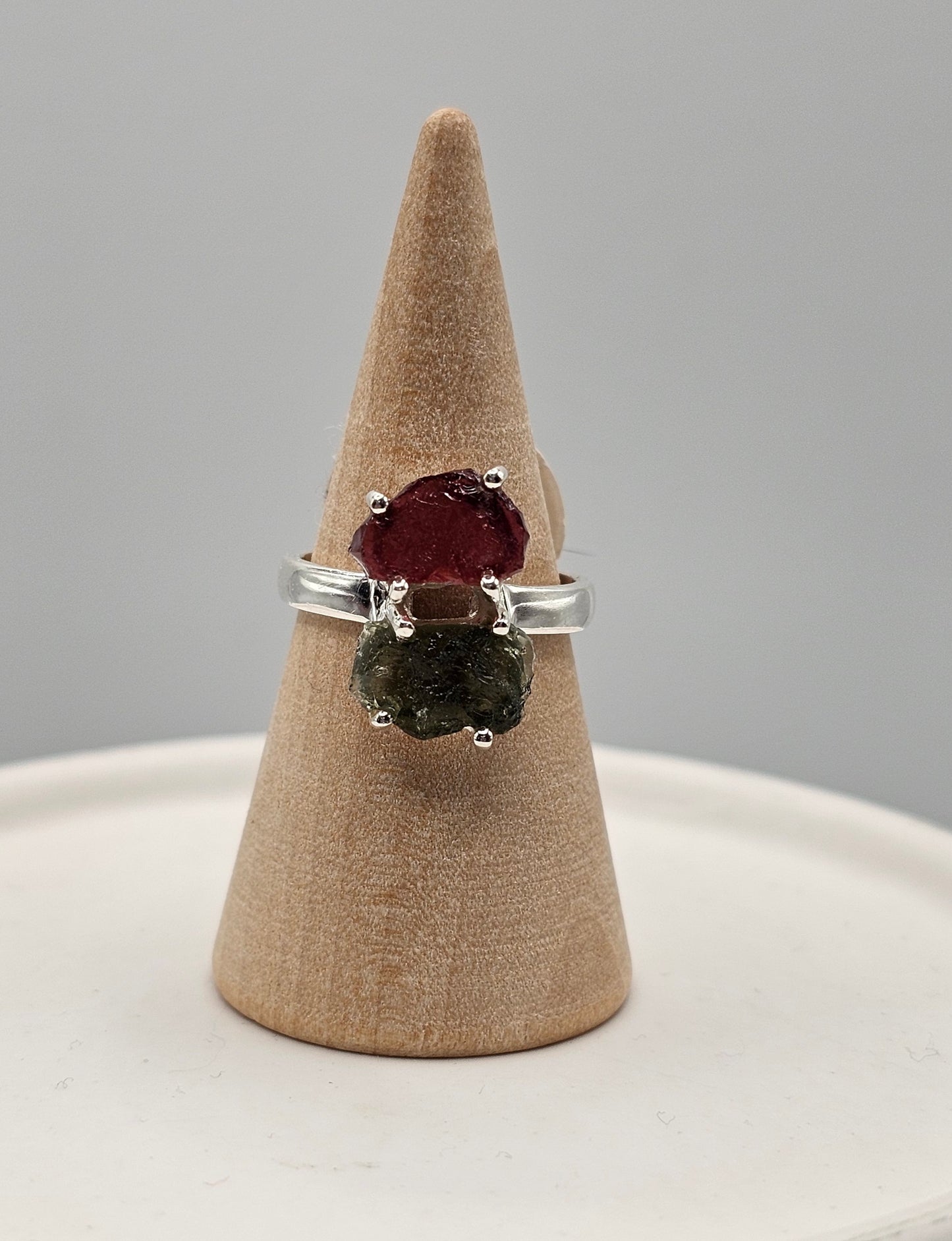 Moldavite Duo Sterling Silver Ring (Sized)
