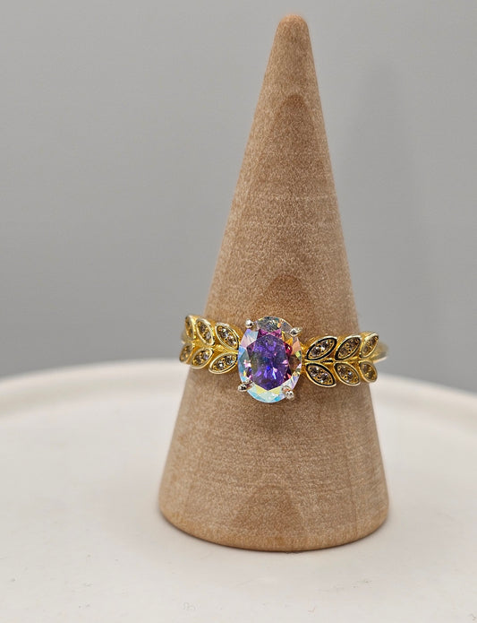Rainbow Topaz Leaf Accent Rose Gold Ring