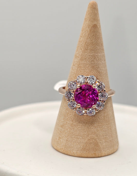 Ruby Flower Halo Statement Rose Gold Ring