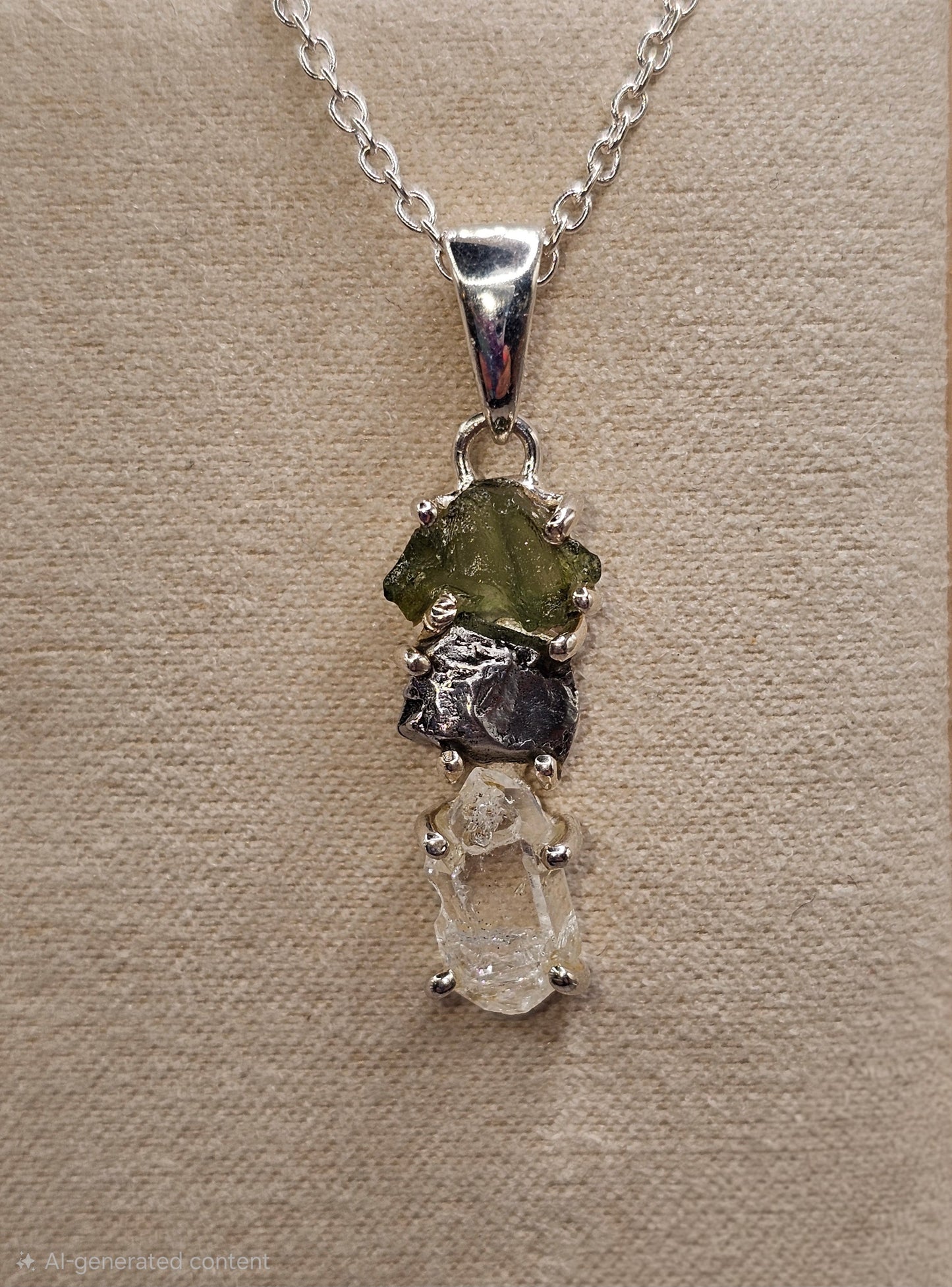 moldavite, herkimer, tektite in sterling pendant