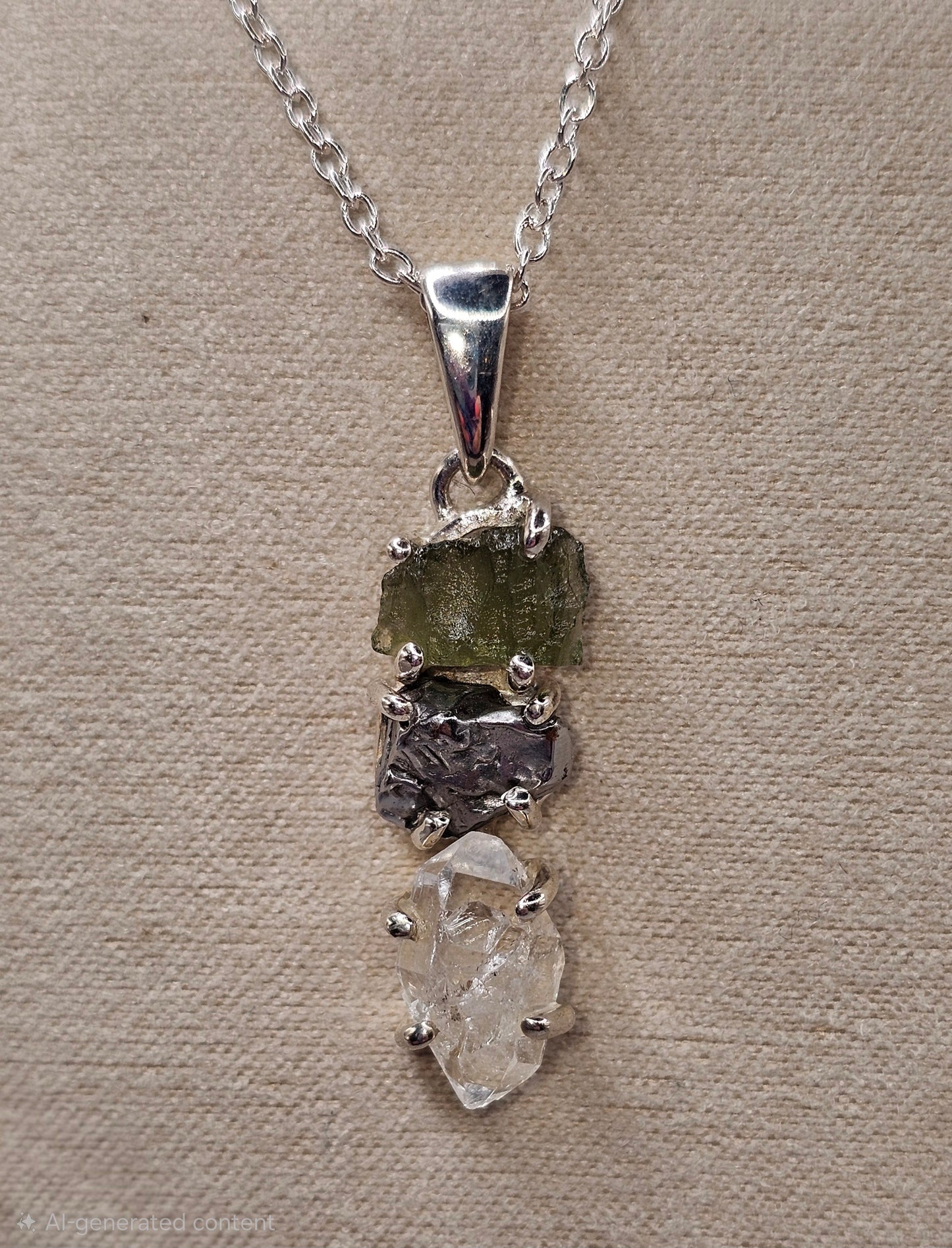 moldavite, herkimer, tektite in sterling pendant